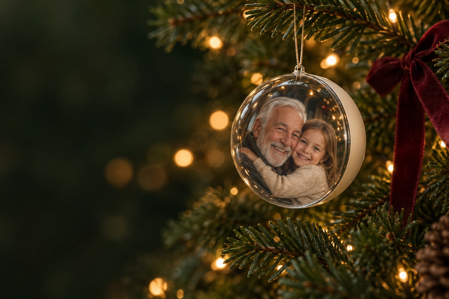 A glowing video ornament with a grandfather and granddaughter on a warmly lit Christmas tree