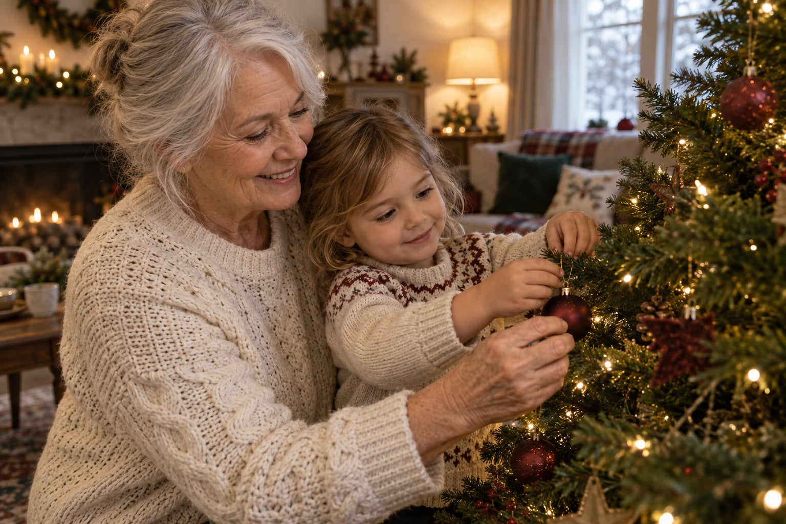 A grandmother and her grandchild decorating the Christmas tree together